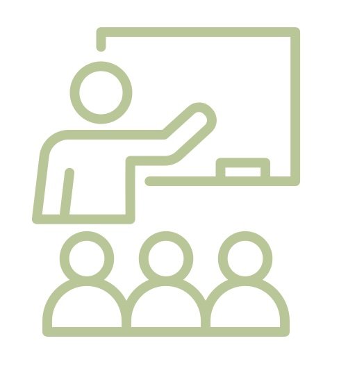 A moss green icon of a group of people watching a presenter