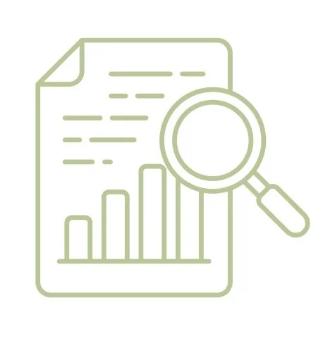 A moss green icon of a graph with a floating magnifying glass