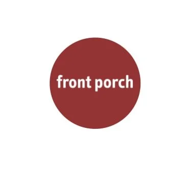 A logo with a red circle and white text for the front porch organization