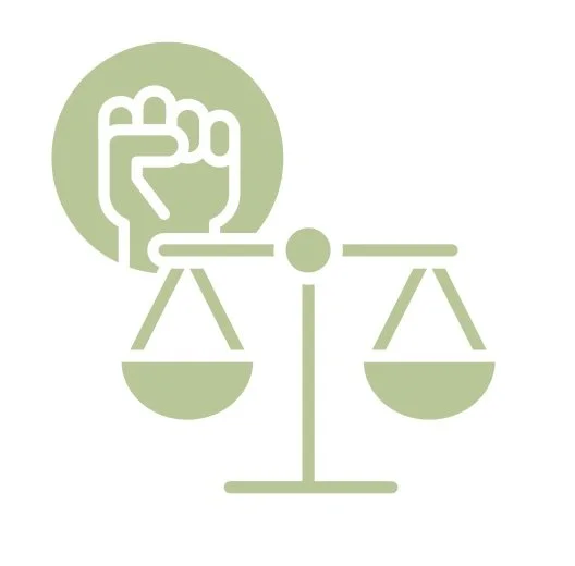 A moss green scales of justice icon in front of an upheld fist