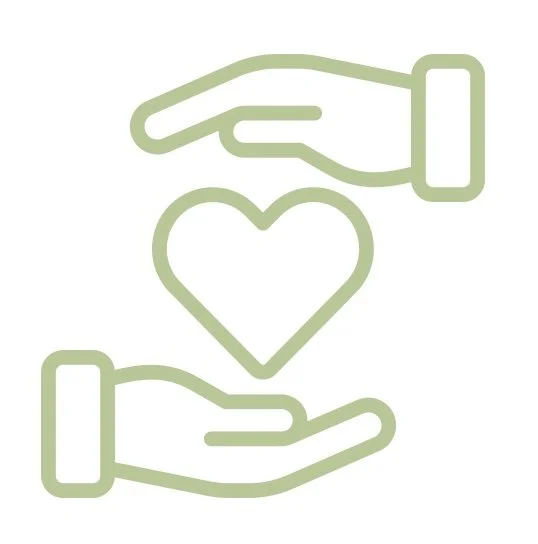 A moss green icon of a heart with a caring hand above and below