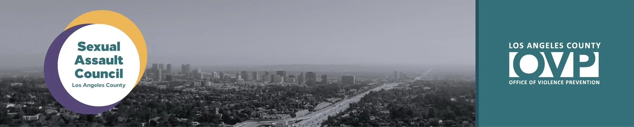 LA County Sexual Assault Council yellow and purple logo with LA downtown skyline background