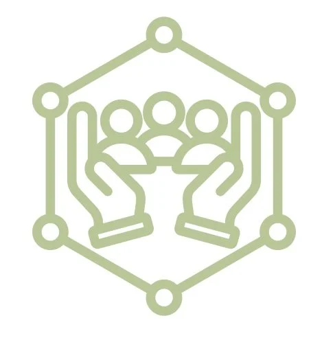 A moss green icon of hands holding a group of people
