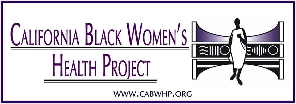 Logo for California Black Women's Health Project featuring a silhouette of a woman standing in front of a decorative background with purple and black colors.