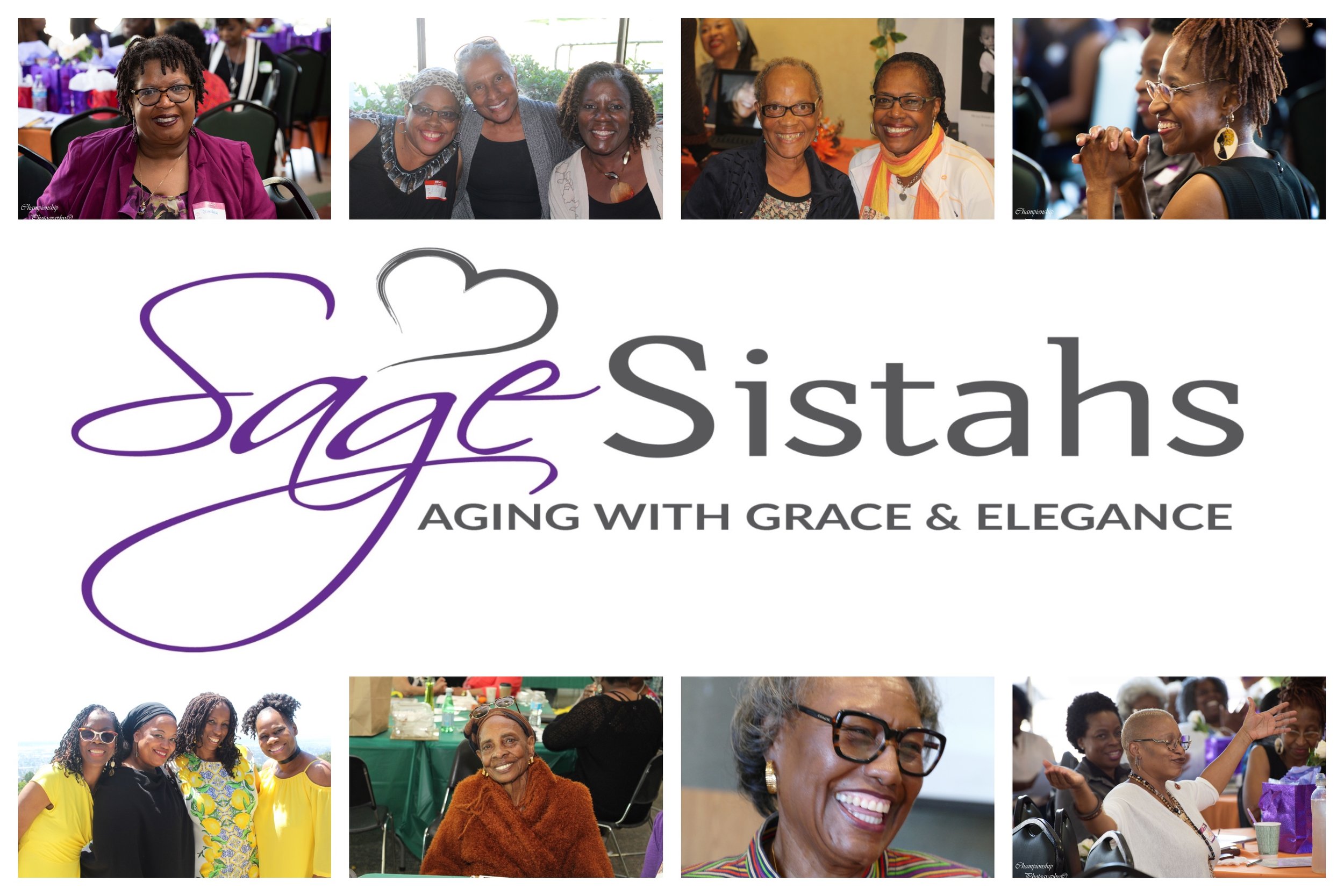 Collage of women smiling, socializing, and celebrating at an event with a logo that reads "Sage Sisters: Aging with Grace & Elegance" with purple, black, and gray text and a stylized heart design.