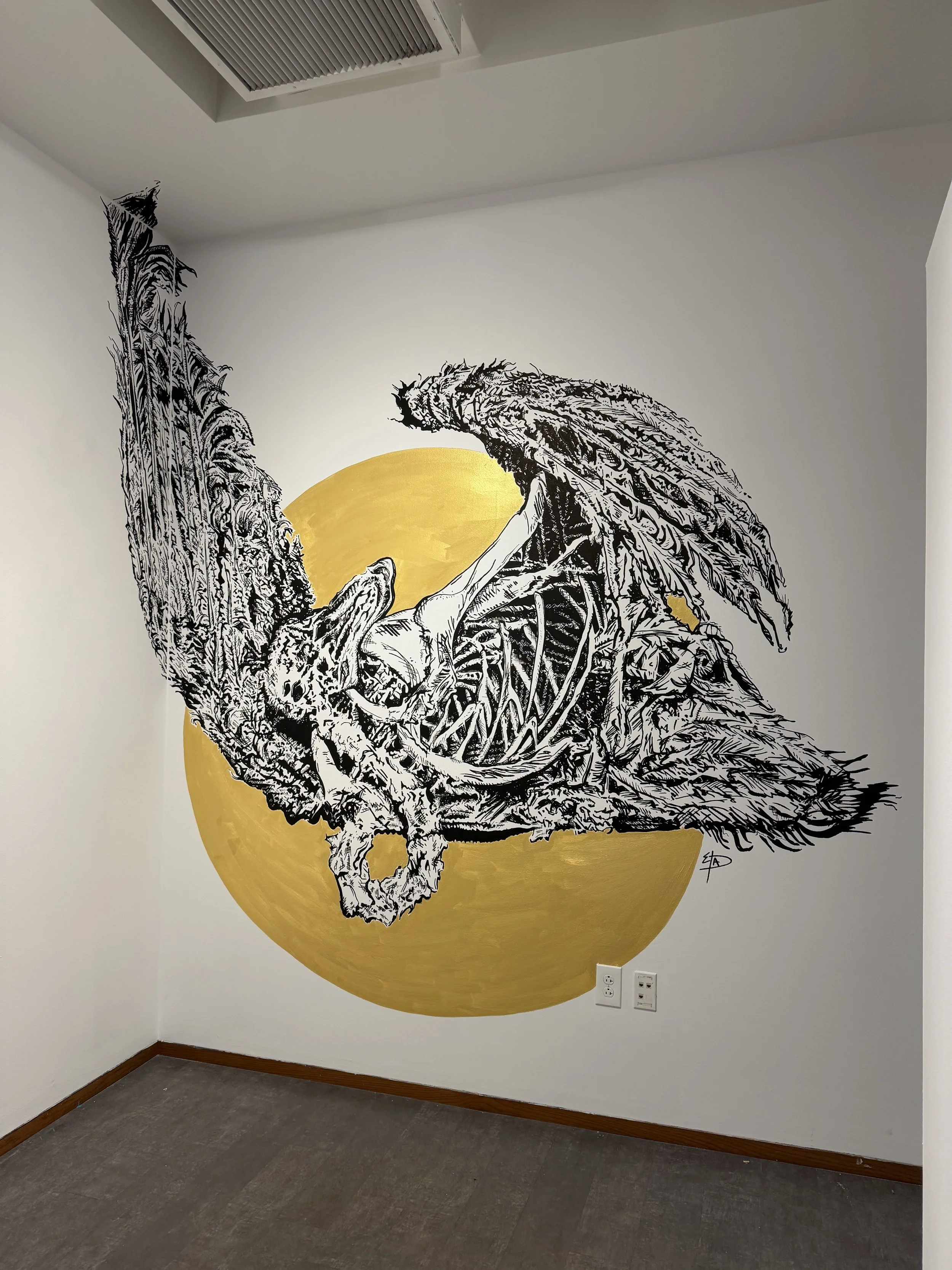 Icarus, for Everything Was Due Yesterday | Carlow University Gallery, Pittsburgh, PA. | 10 ft x 12 ft | Ink Marker & Paint | 2025