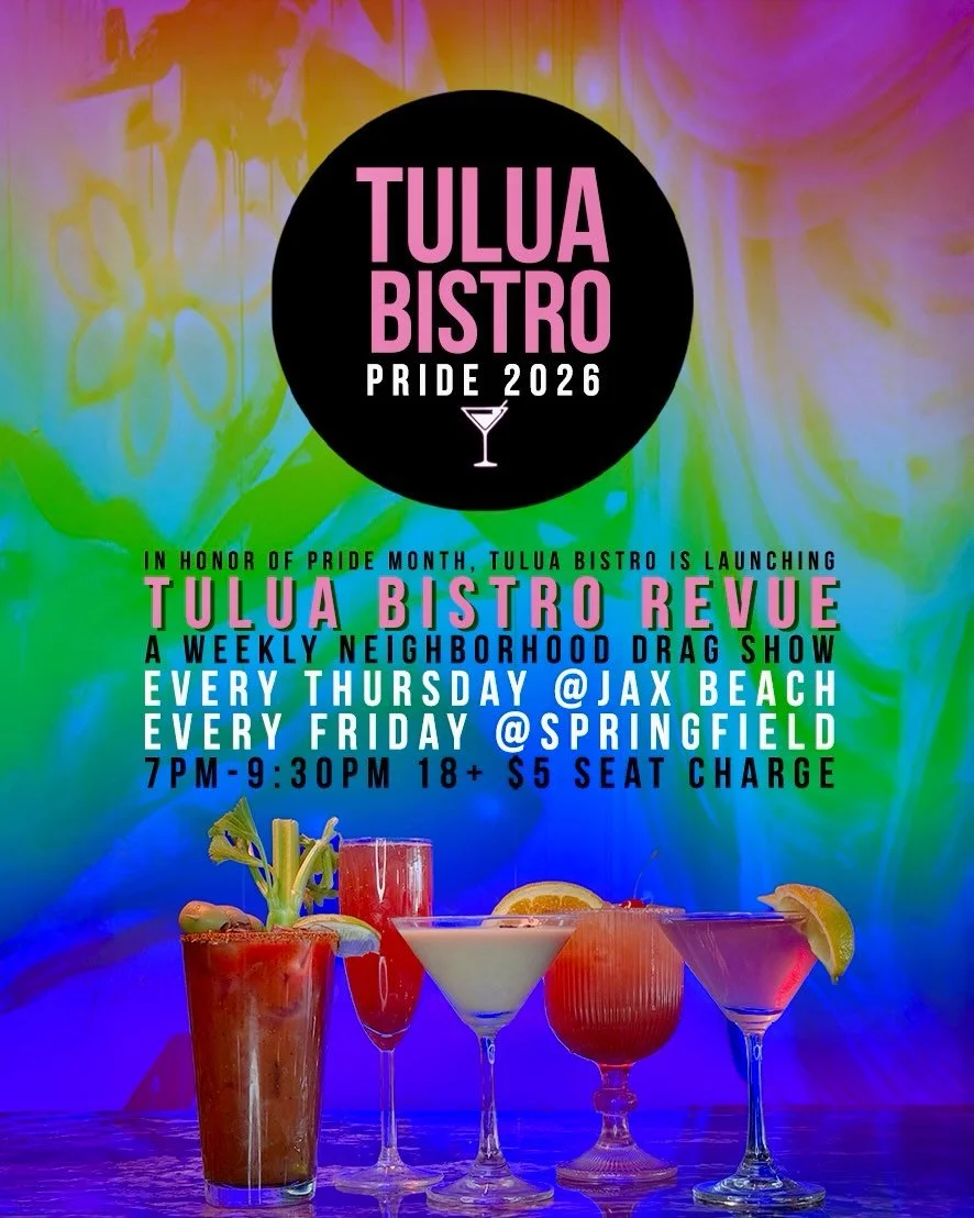 In honor of pride month, Tulua Bistro is bringing you TULUA BISTRO REVUE a weekly neighborhood drag show! Every Thursday at the beach and every Friday downtown, we&rsquo;ve got the city covered for Pride every week.