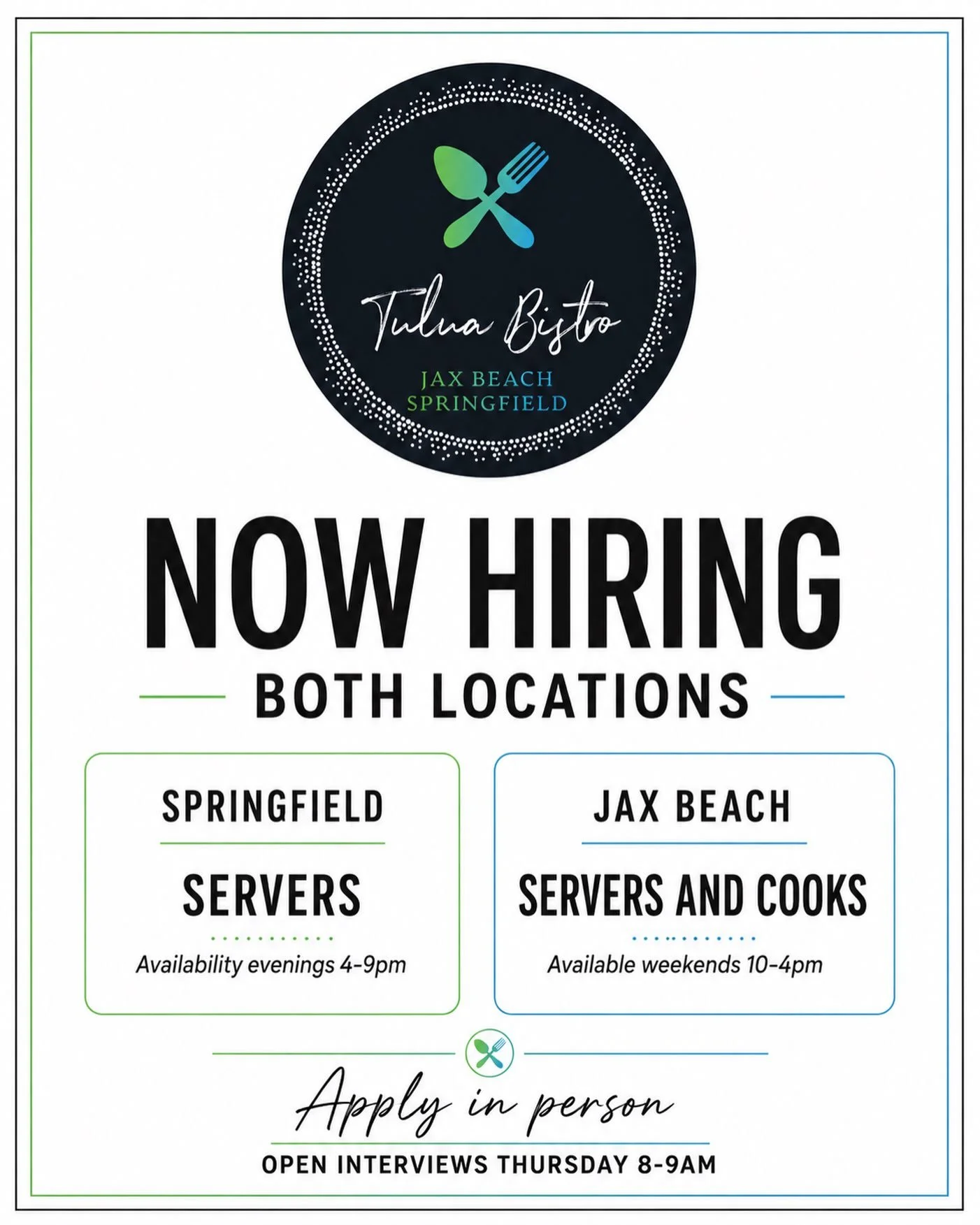 This Thursday open interviews just walk in to either location 8-9am 🥂