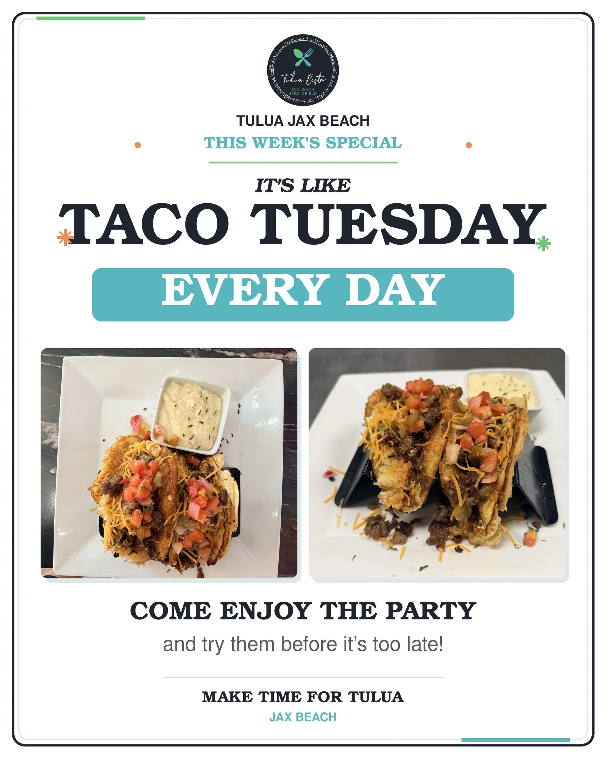 🌮 Your brunch game continues to get an upgrade, pairs perfectly with bottomless mimosas and friends! 🥂

*Jax Beach Tulua Exclusive
