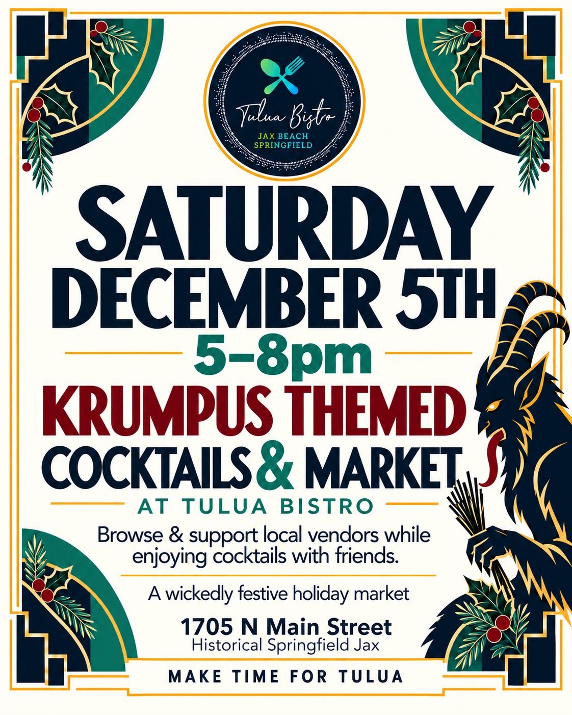 👹🎄 CALLING ALL MAKERS, SELLERS &amp; HOLIDAY MISFITS!

Tulua Springfield&rsquo;s new market happens every first Saturday, 5&ndash;8 PM!

We kick off Saturday, December 5th with KRUMPUS&mdash;where ghouls meet Christmas and weird makes a wonderful g