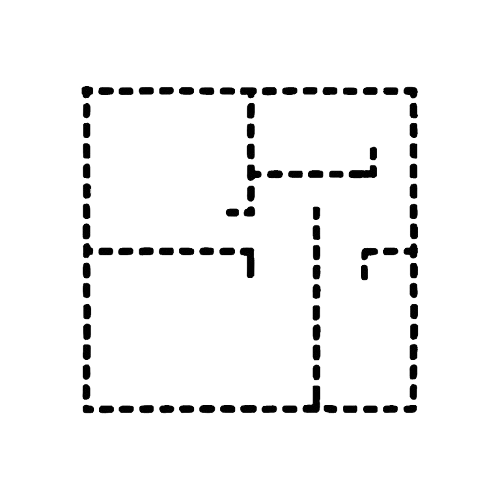 A black and white maze with dashed lines and several dead ends.