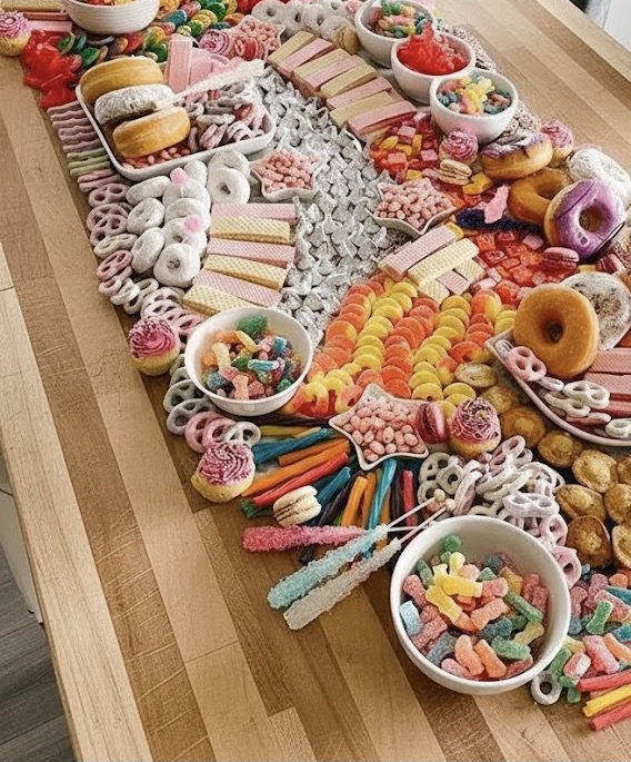 A table filled with colorful candies, gummies, cookies, and treats organized in bowls and on the surface, creating a festive candy display.