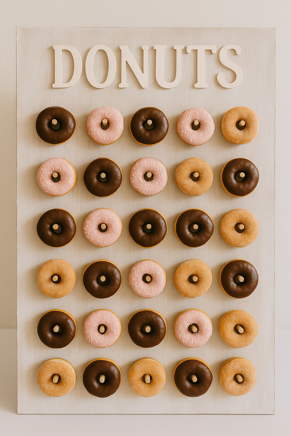 Wooden board with the word 'DONUTS' spelled out in large white letters, featuring four rows of assorted donuts including chocolate glazed, pink glazed with sprinkles, plain glazed, and sugar donuts.