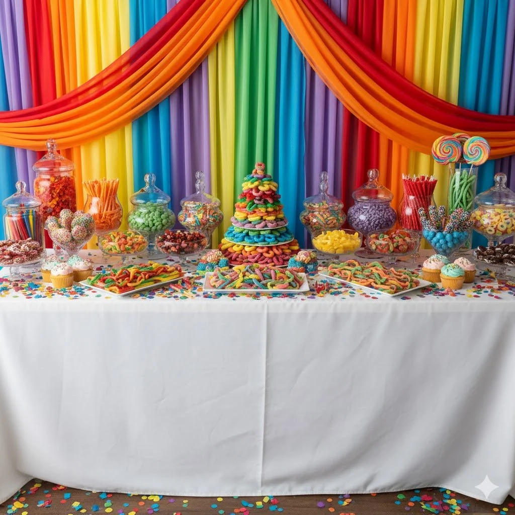 Colorful candy and sweets on a white table in front of a rainbow backdrop with draped fabric.