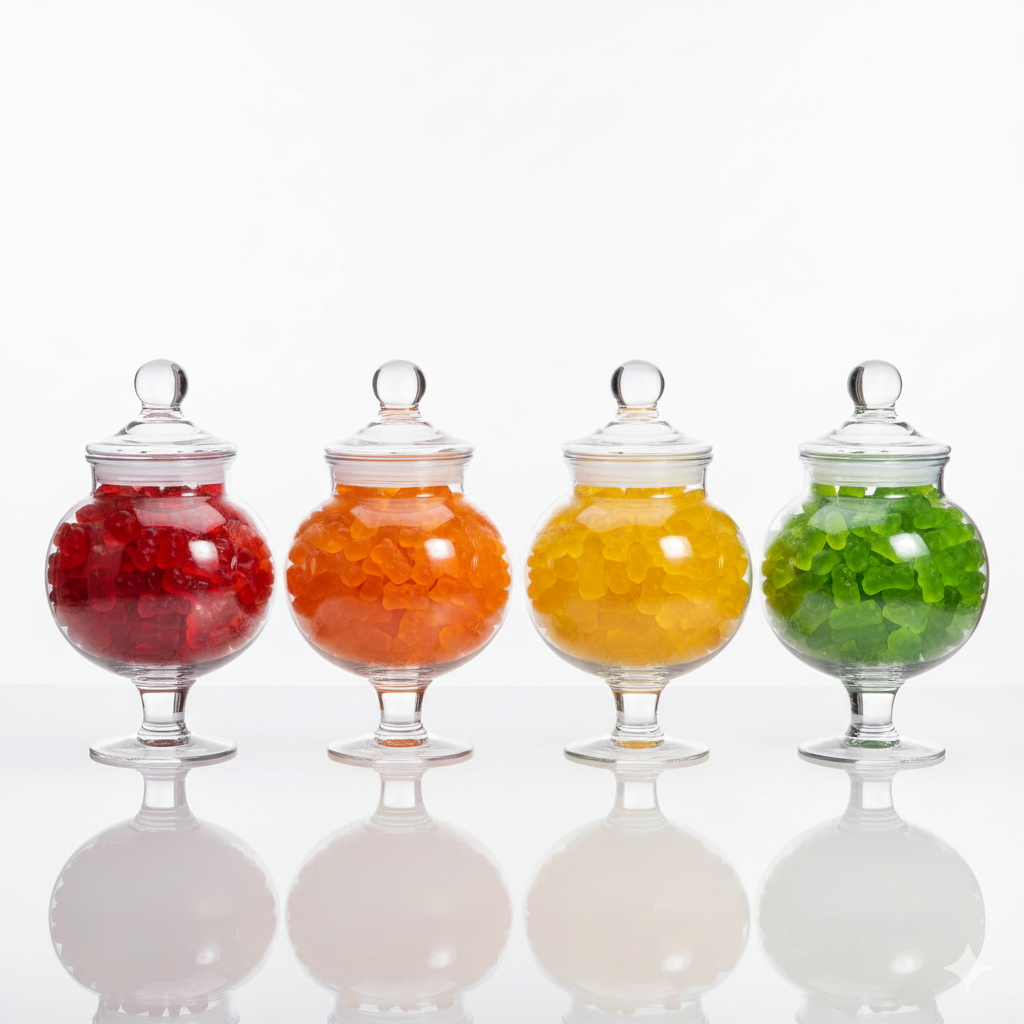 Four glass jars filled with colorful gummy candies, arranged in a row on a reflective surface against a white background.