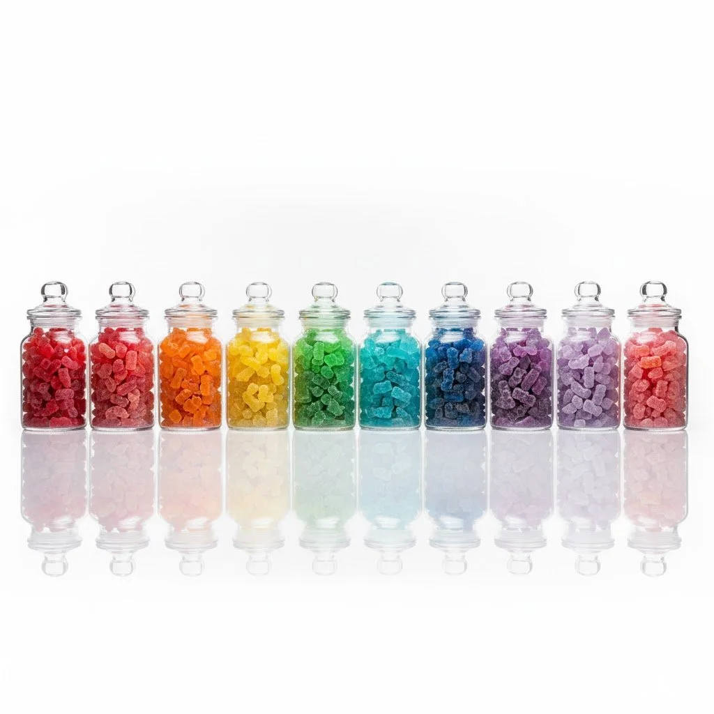 Ten small glass jars filled with colorful sugar crystals arranged in rainbow order on a reflective surface.
