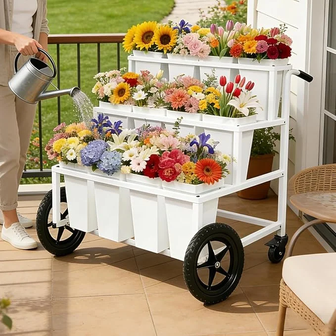 White gardening cart with wheels, filled with colorful flowers.