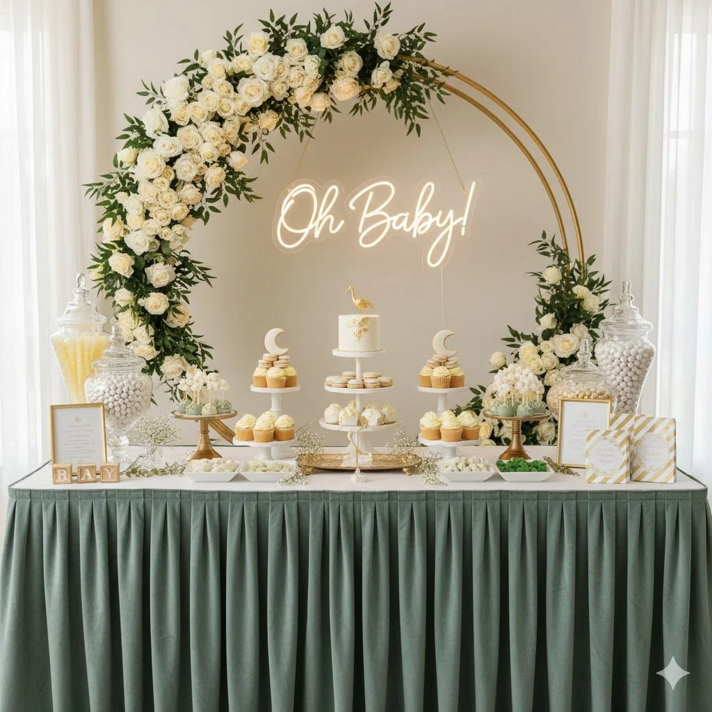 Dessert table decorated for a baby shower with a floral arch, a neon sign that says "Oh Baby!", various cupcakes, candies, and framed seating cards, all in white and gold accents.