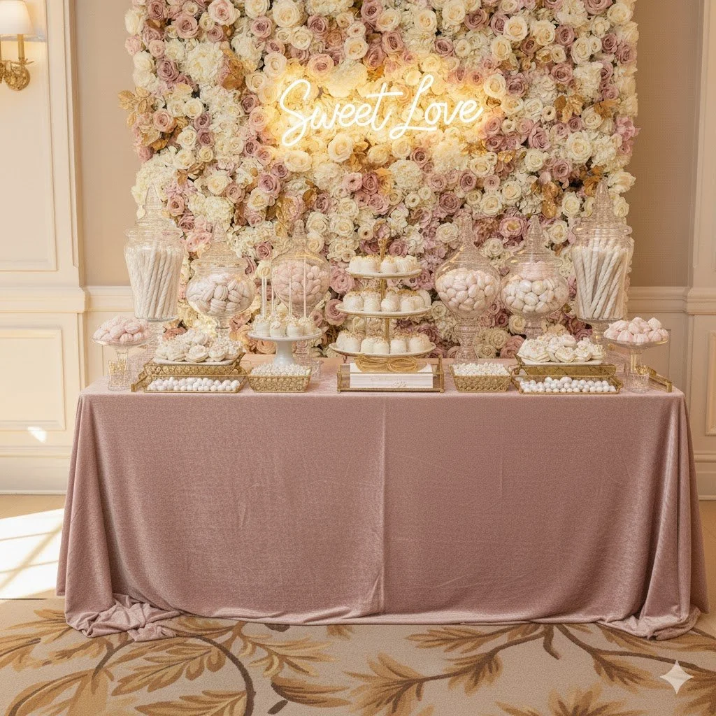 Photo of a dessert table with a pink tablecloth, decorated with pink and white flowers, candies, and a neon sign that reads 'Sweet Love'.