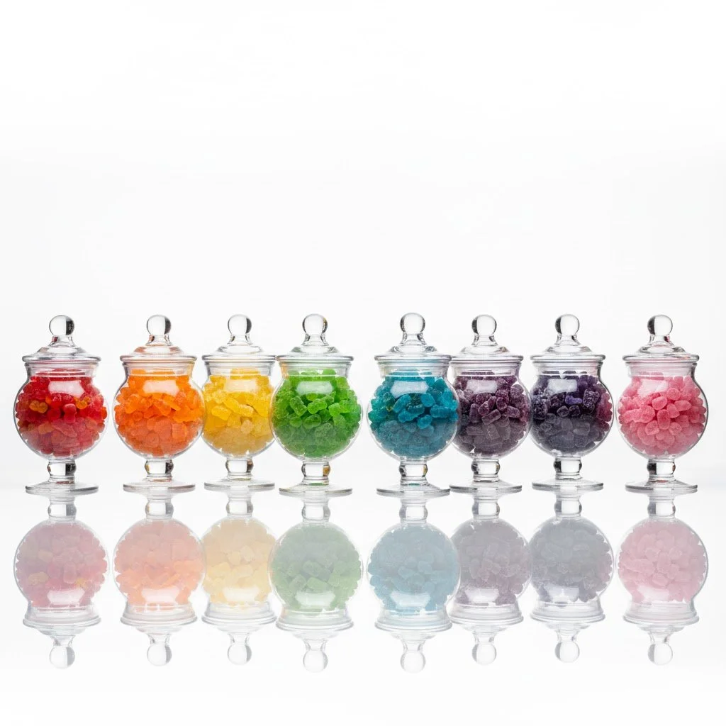 Eight glass jars filled with colorful candies arranged in a row on a reflective surface.