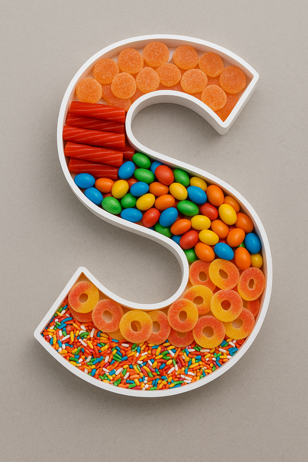 Letter 'S' made of candies, including orange gumdrops, red licorice twists, rainbow-colored sprinkles, and brightly colored oval candies, on a light gray background.