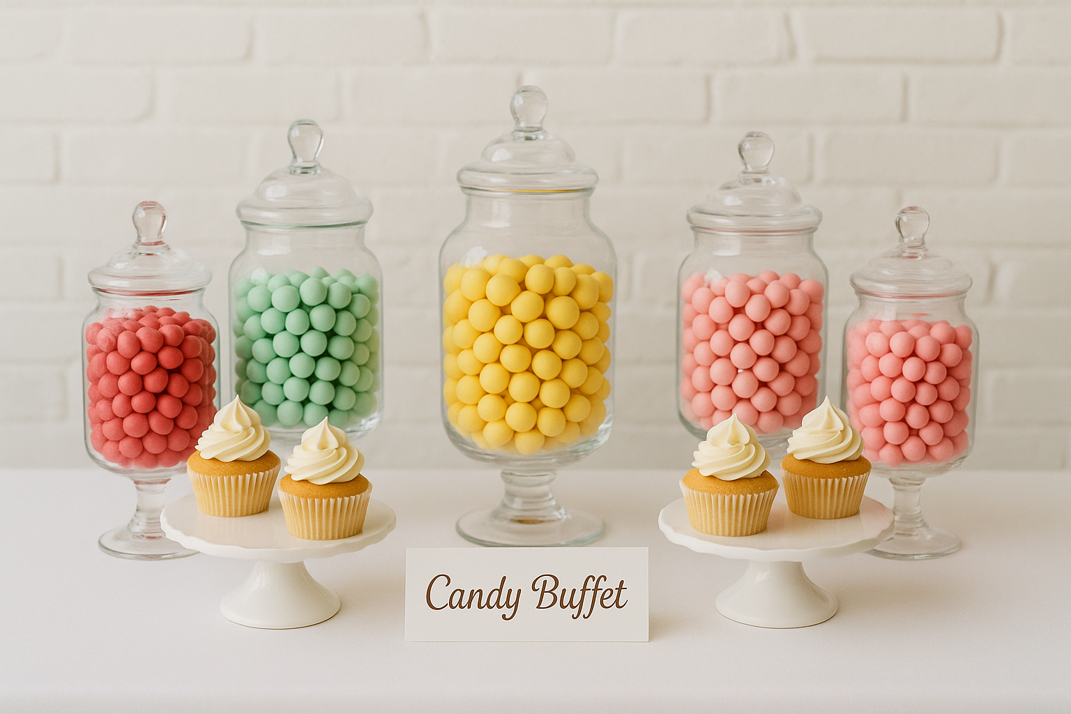 Glass jars filled with colorful candies, decorated cupcakes with white frosting, and a sign reading 'Candy Buffet' on a white table against a white brick wall.