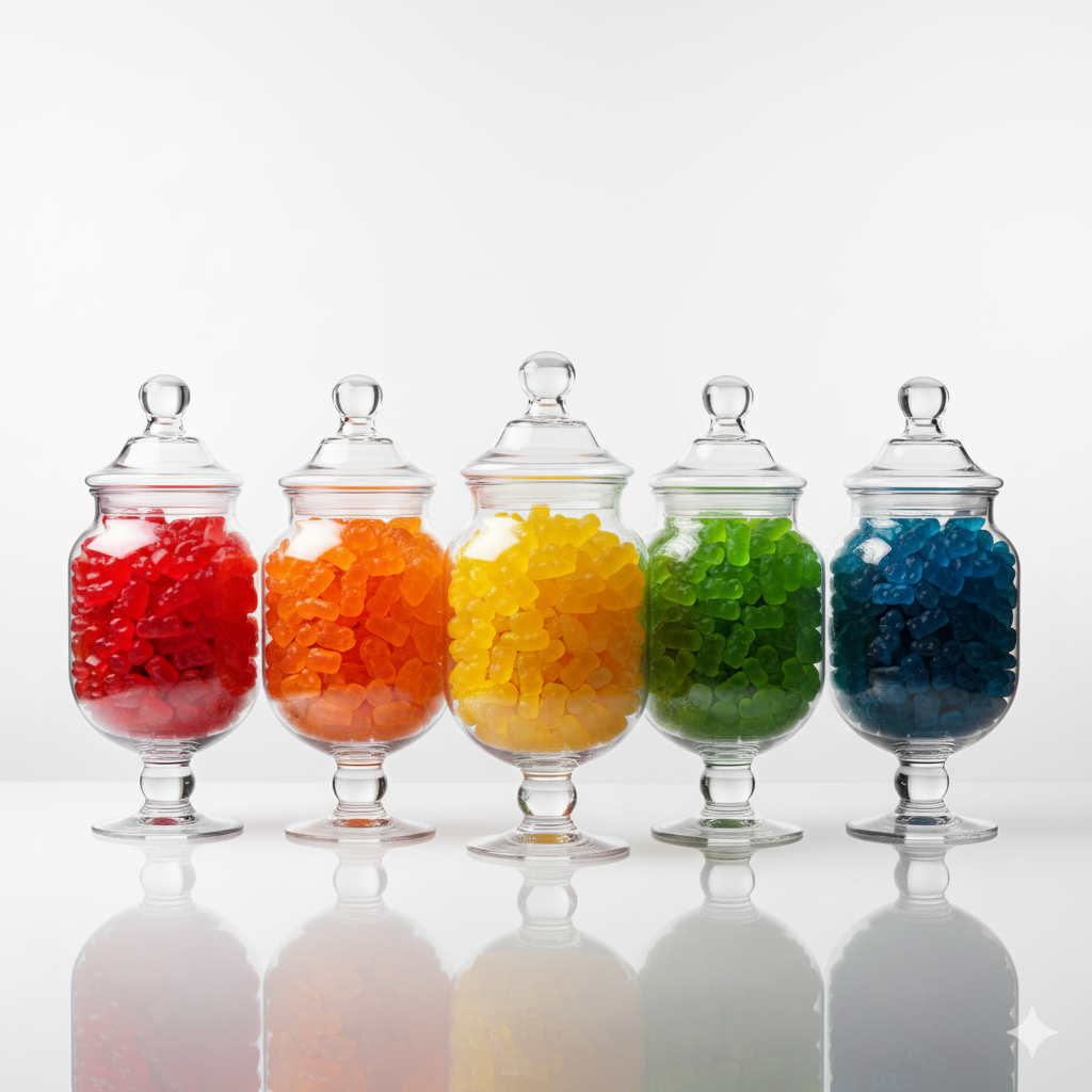 Five glass jars filled with colorful gummy candies in red, orange, yellow, green, and blue, arranged in a row on a reflective surface with a plain white background.