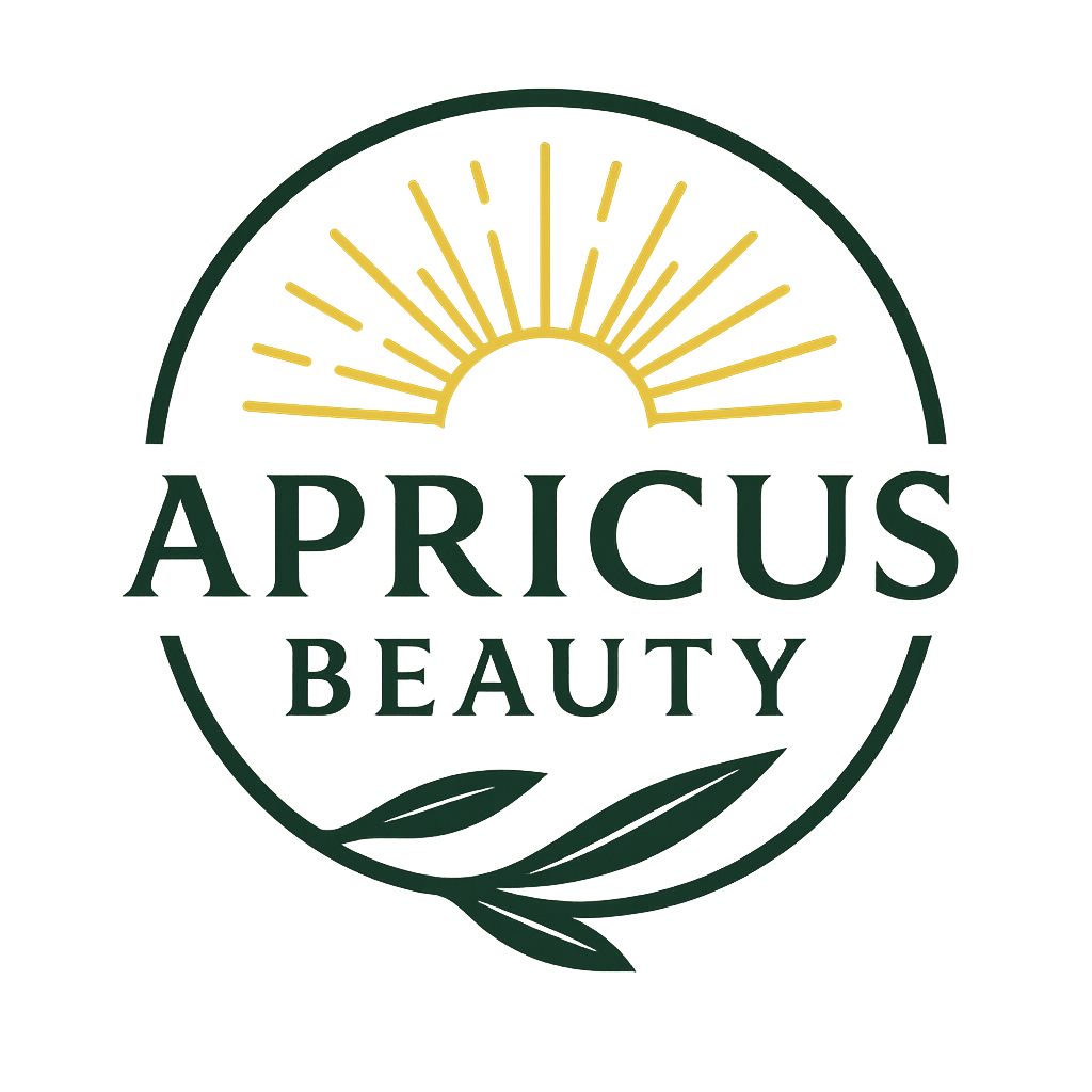 Logo for Apricus Beauty with a sun rising behind the text and stylized leaves at the bottom. Apricusbeauty.com