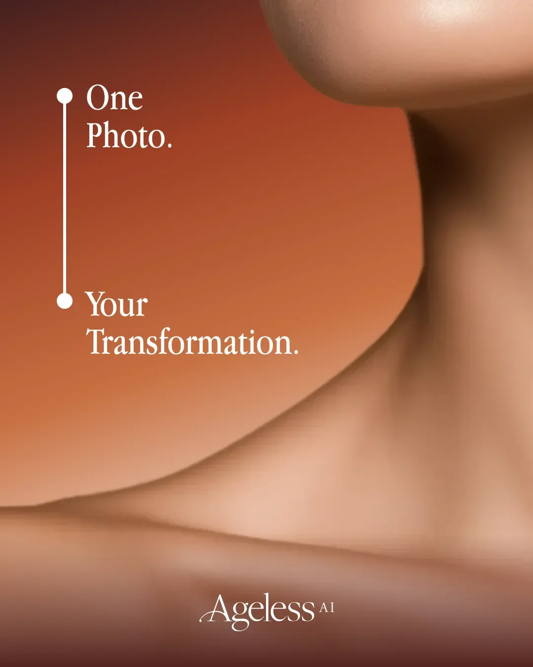 Close-up of a woman's shoulder and neck, with a soft gradient background in warm tones, and the text 'One Photo. Your Transformation. Ageless AI' overlaid.