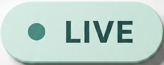 A light green oval-shaped button with the word 'LIVE' and a small dark green circle on its left side.