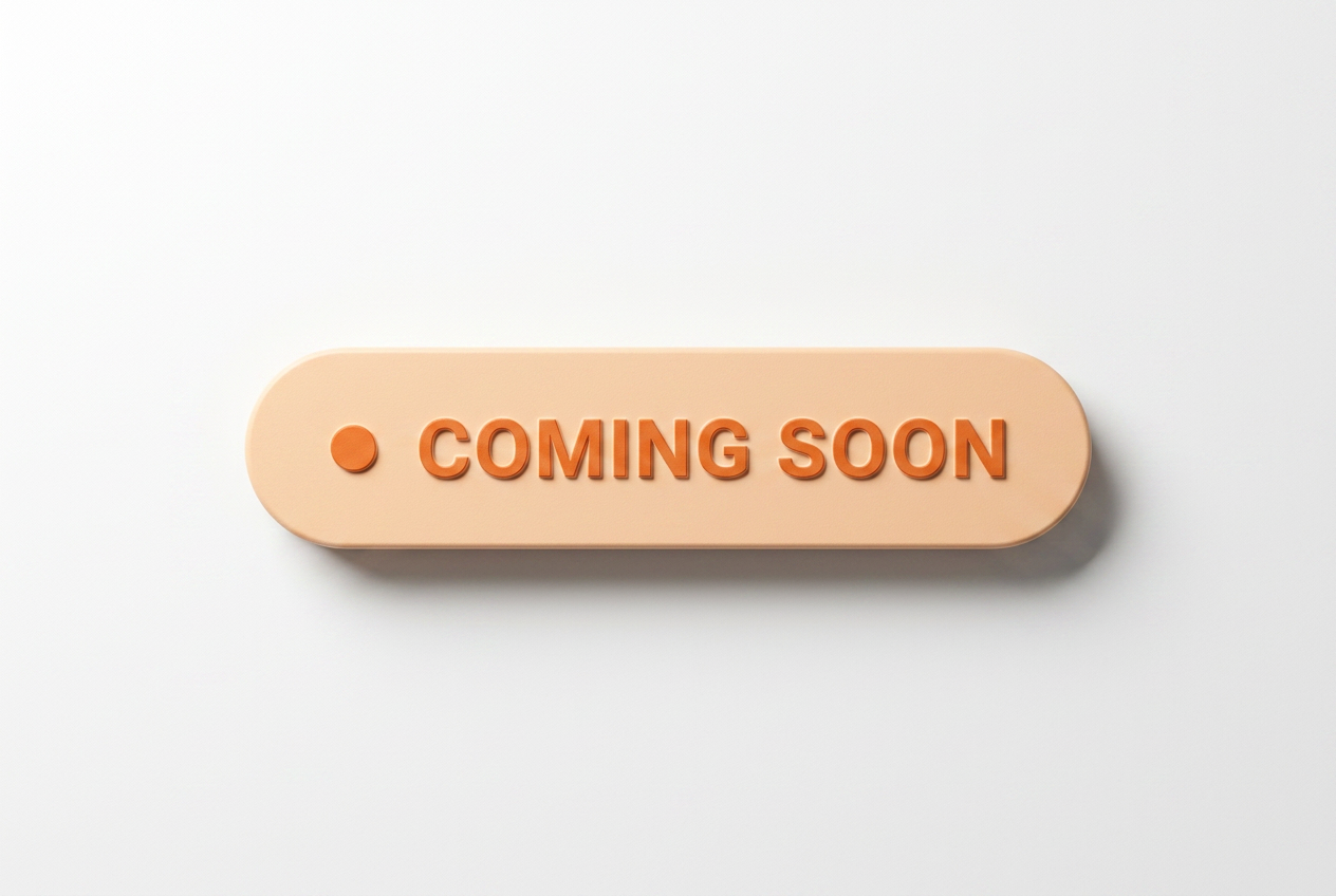 A beige oval sign with an orange dot and the words 'COMING SOON' in orange letters.