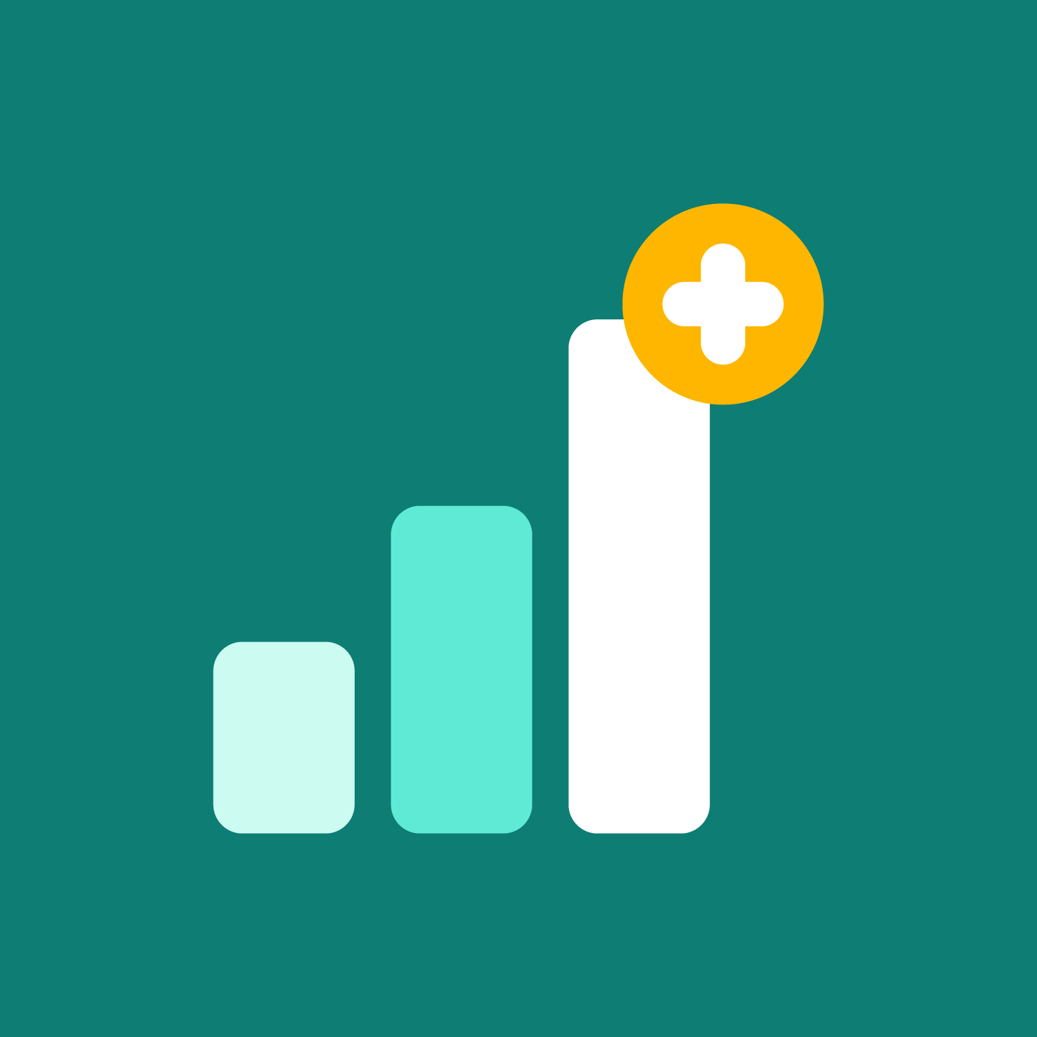 A teal background featuring a white ascending bar chart with three bars. The tallest bar has a yellow circle with a white plus sign on it.