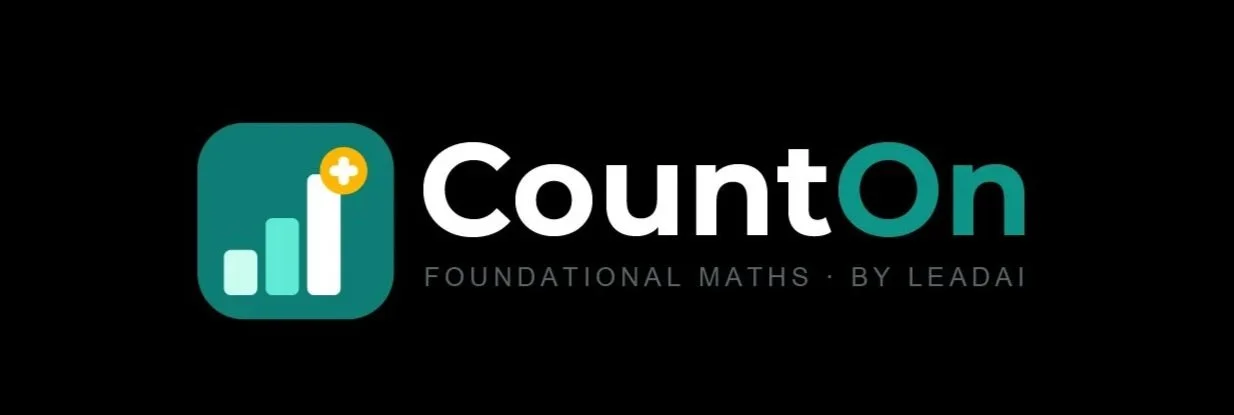 CountOn logo with a bar chart icon, text 'CountOn' with 'On' in teal and the rest in black, and subtitle 'Foundational Maths by Leadai' on a black background.