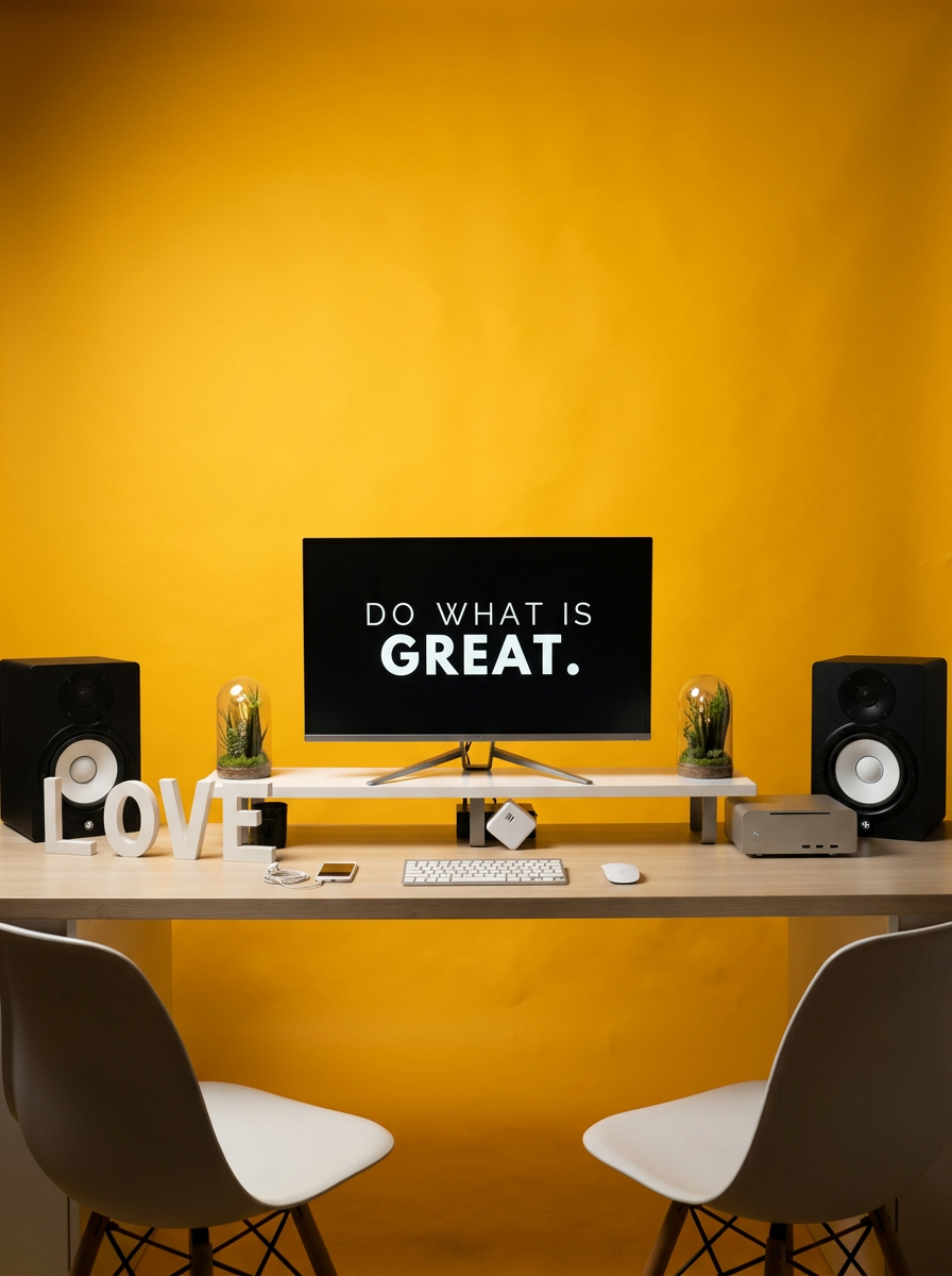 A modern desk setup with a computer monitor displaying the message "Do what is great." Flanked by two black speakers and decorative glass domes with plants. There are white letters spelling "LOVE" on the left, a smartphone, some cables, a keyboard, and a mouse on the desk. Two white chairs are positioned in front of the desk against a yellow wall.