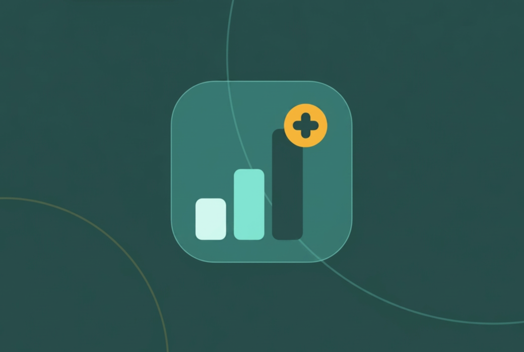 Icon of a bar chart with three bars increasing in height, topped with a medical cross symbol.