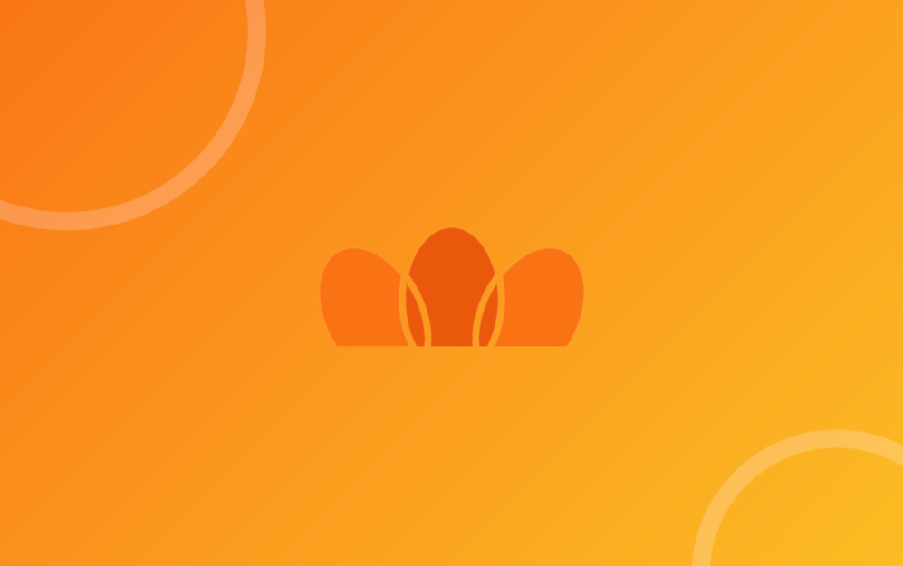 An orange background with a small, stylized flower or petal design in the center.