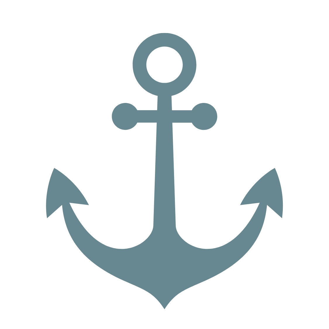A simple illustration of a blue anchor with two flukes and a circular top.