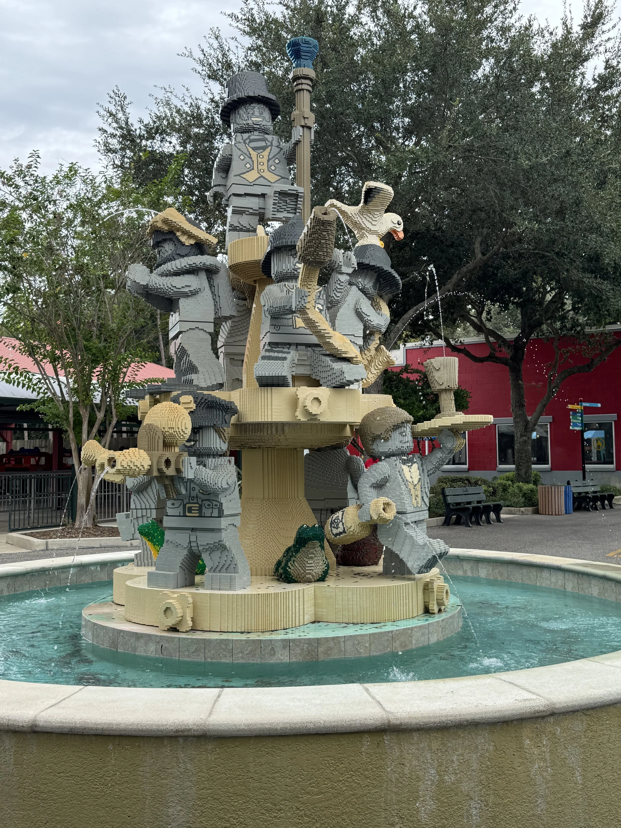 LEGO fountain sculpture featuring multiple characters at LEGOLAND Florida Resort.