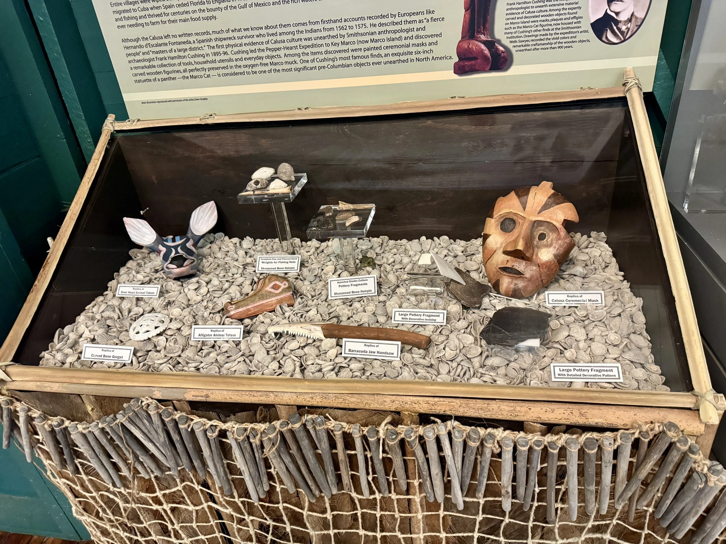 Artifact display inside the Everglades museum featuring shells tools and a carved mask in Everglads City Florida