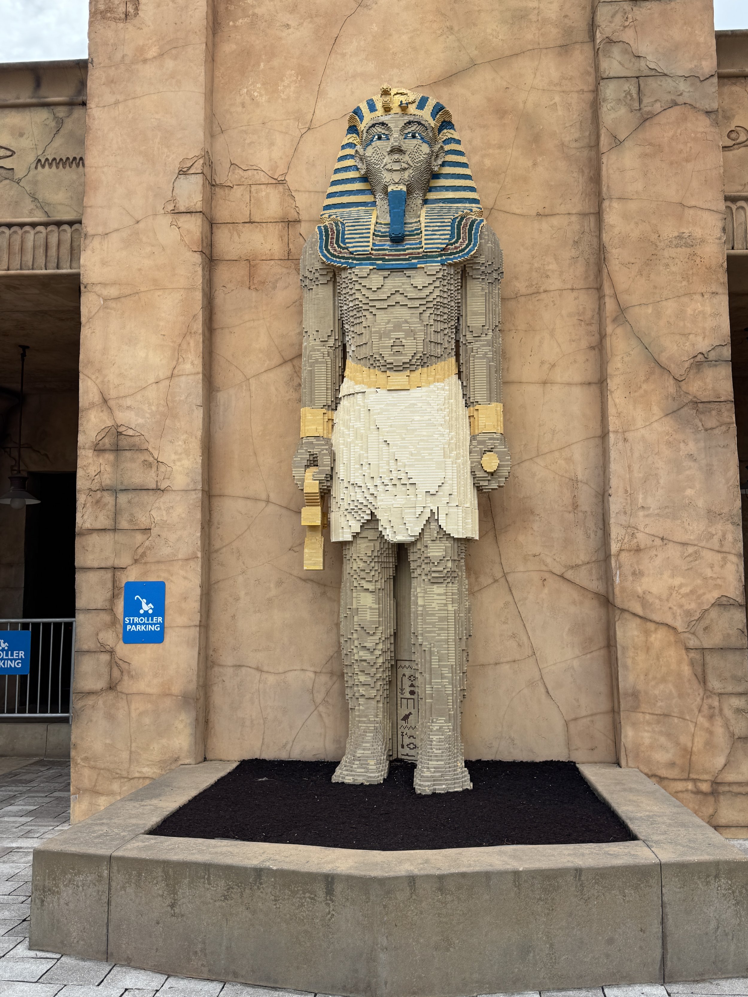 LEGO Egyptian pharaoh statue displayed in an ancient Egypt themed area at LEGOLAND Florida.