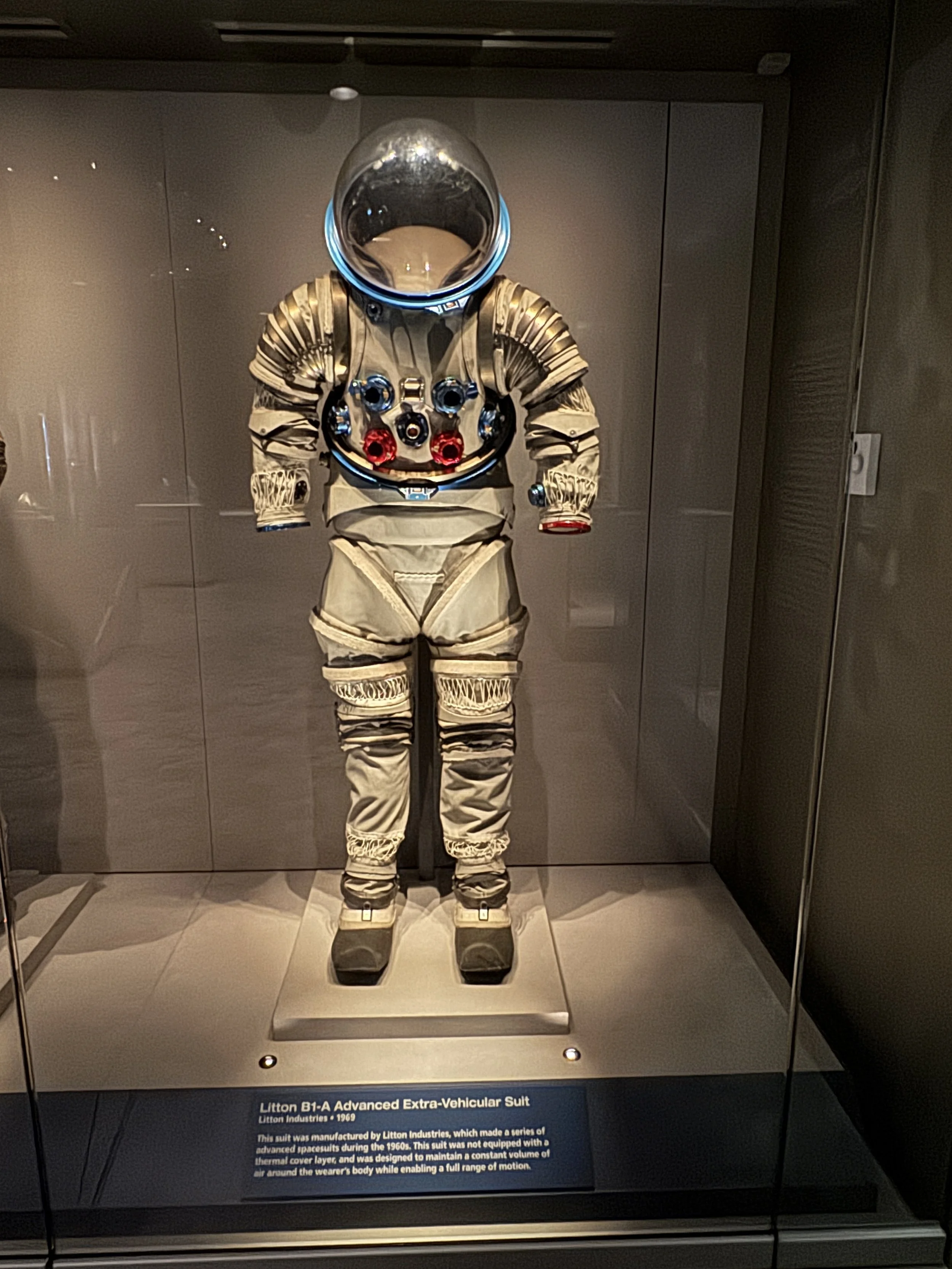 Historic NASA spacesuit displayed inside the Apollo/Saturn V Center at Kennedy Space Center.