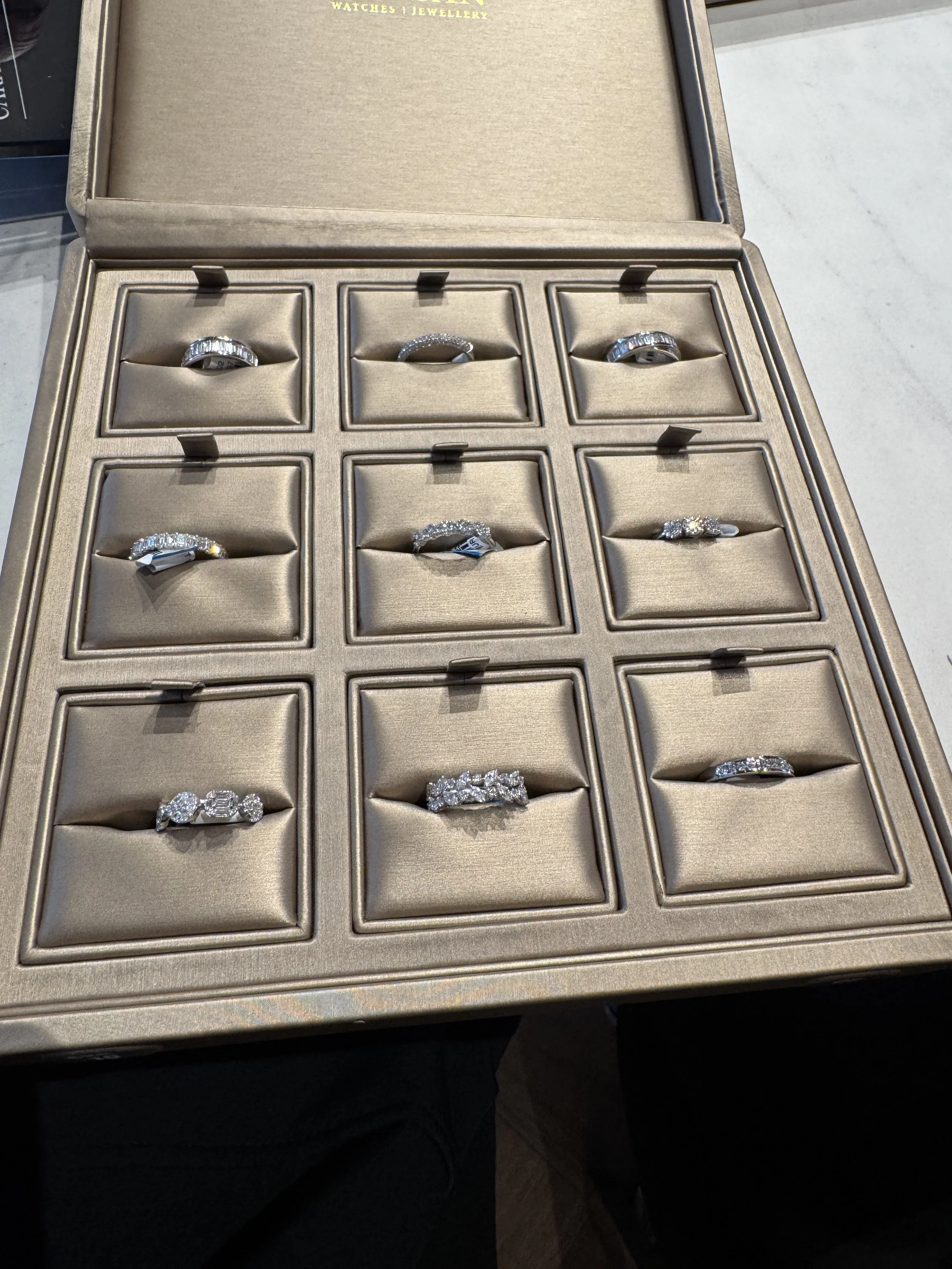 Display case of diamond rings at House of Gassan jewelry showroom in Amsterdam