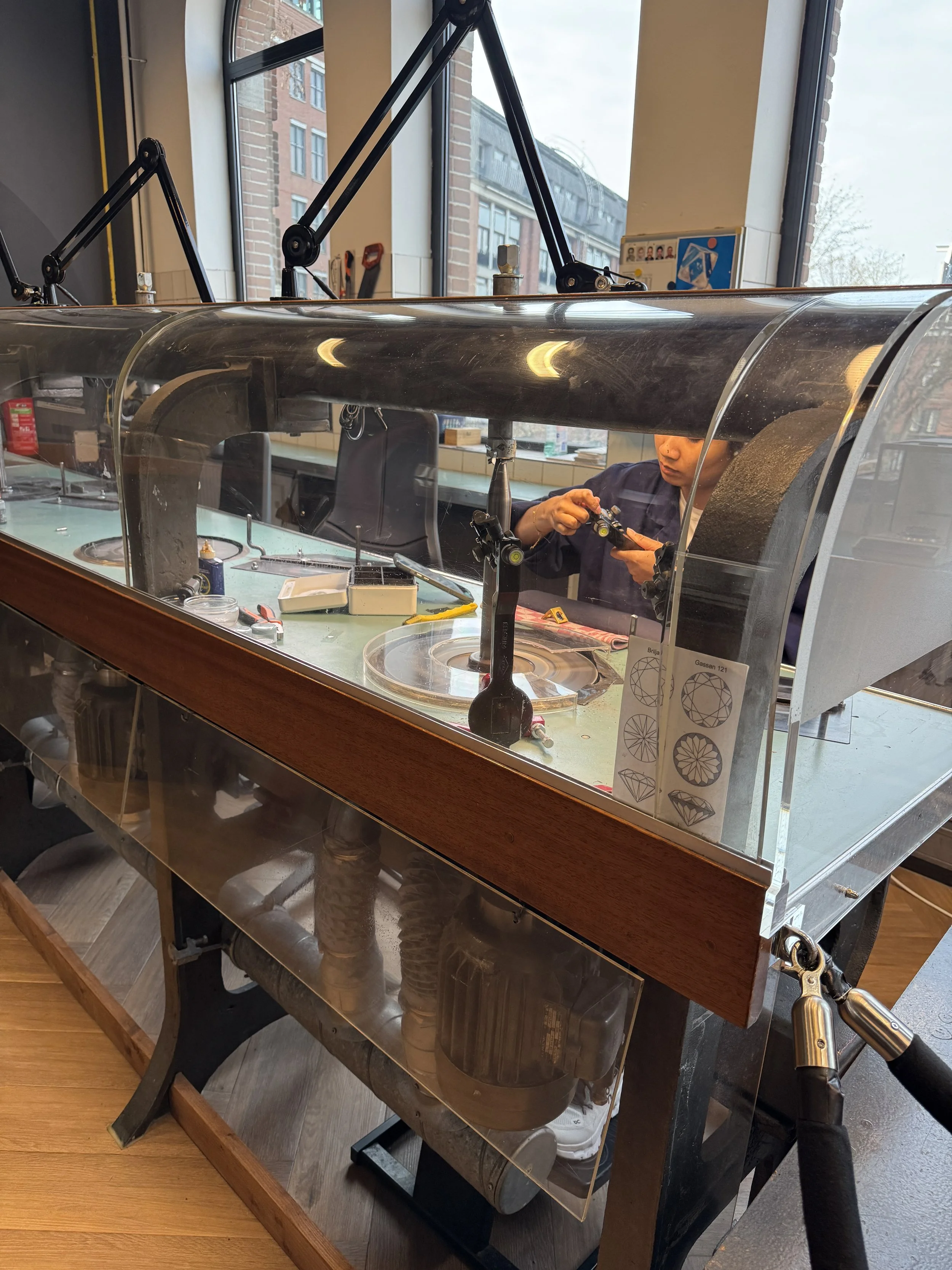 Diamond cutting and polishing demonstration setup at House of Gassan in Amsterdam
