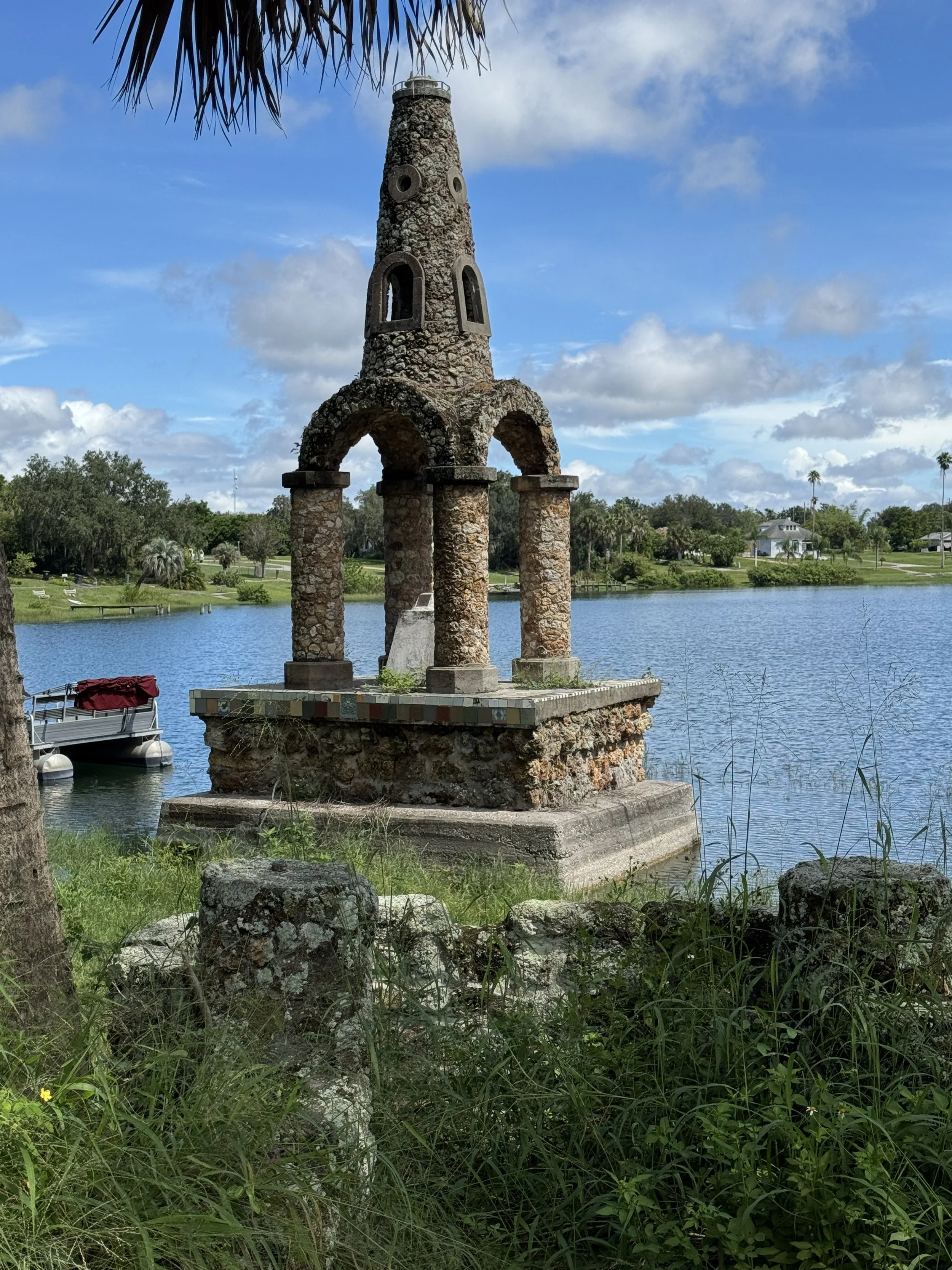 Stone monument from the historic Saint Anne Shrine overlooking Lake Wales in Florida.