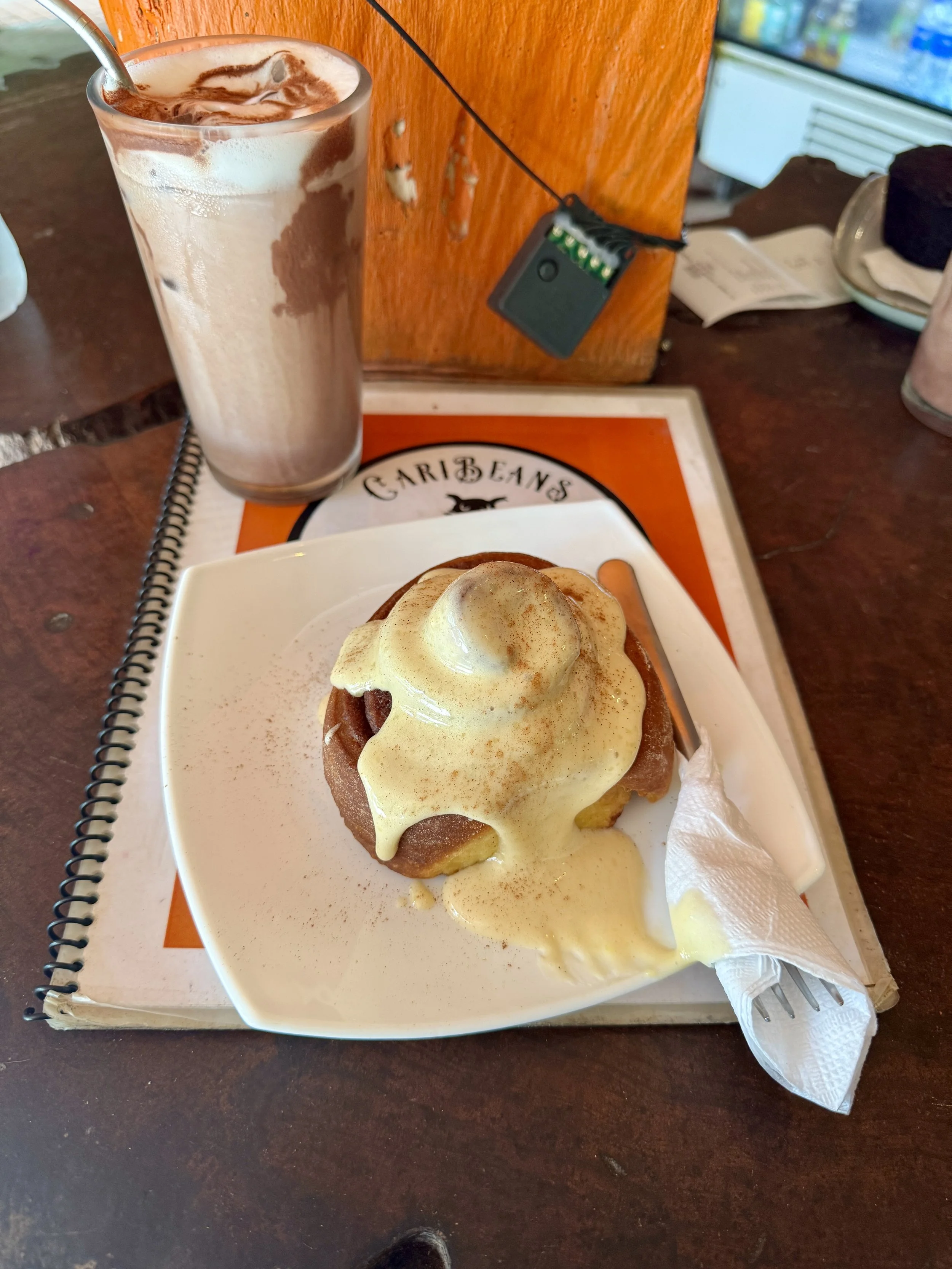 Ham and cheese omelette with a cold chocolate drink at Caribeans Chocolate and Coffee.