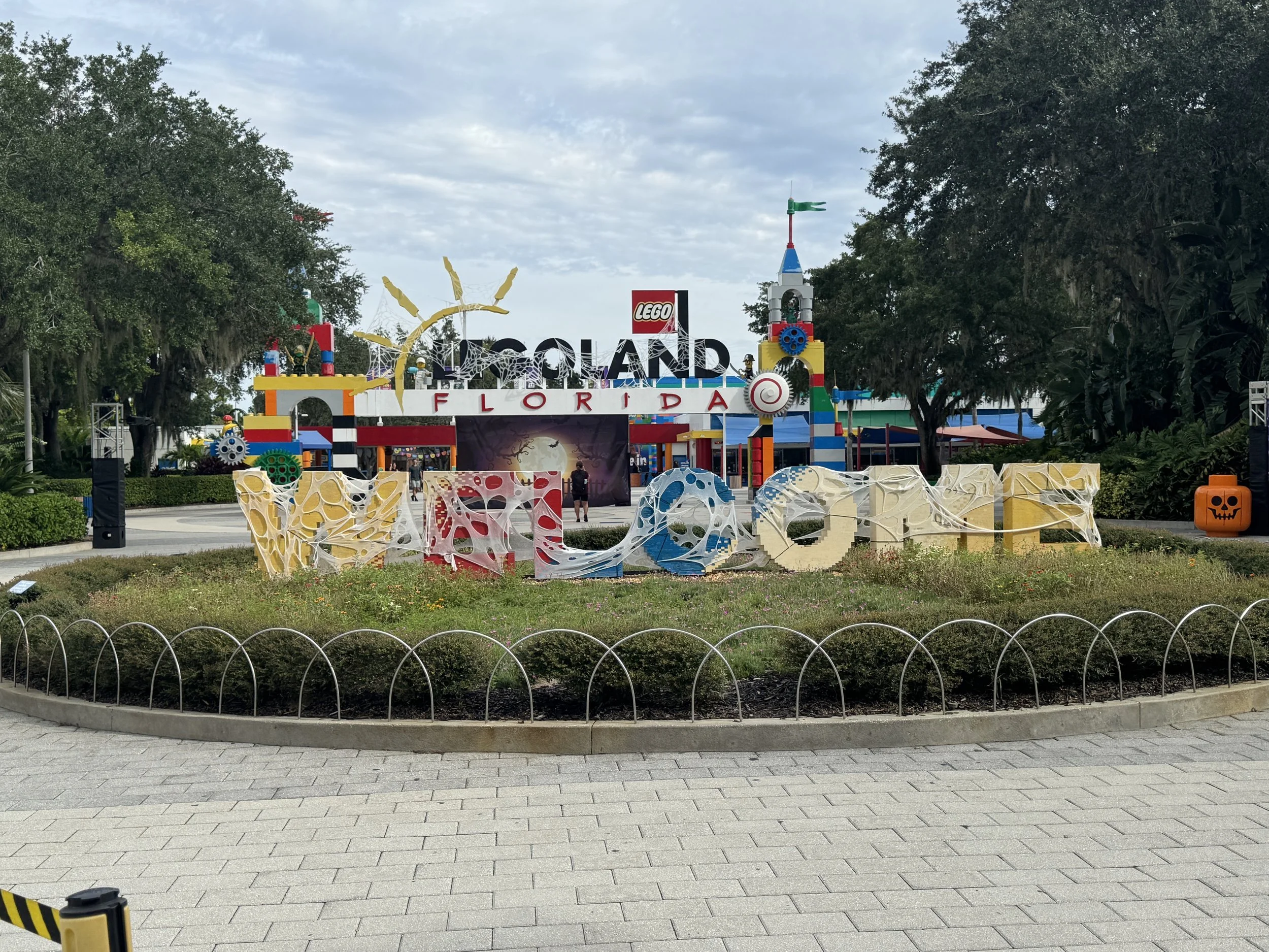 Colorful LEGO sculptures and welcome sign at the entrance of LEGOLAND Florida Resort in Winter Haven.