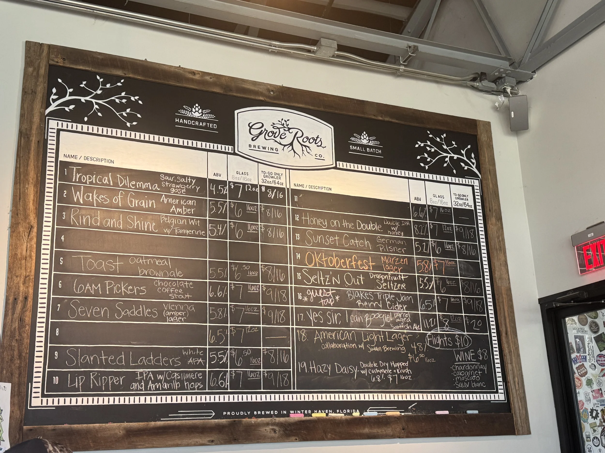 Chalkboard beer menu at Grove Roots Brewing Company in Winter Haven Florida.