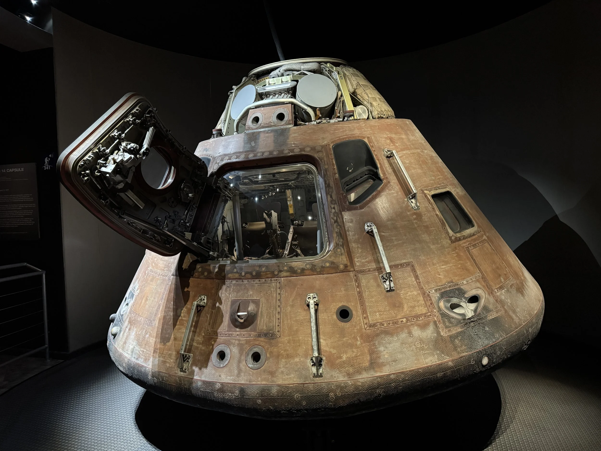 Apollo command module capsule used during NASA moon missions on display at Kennedy Space Center.