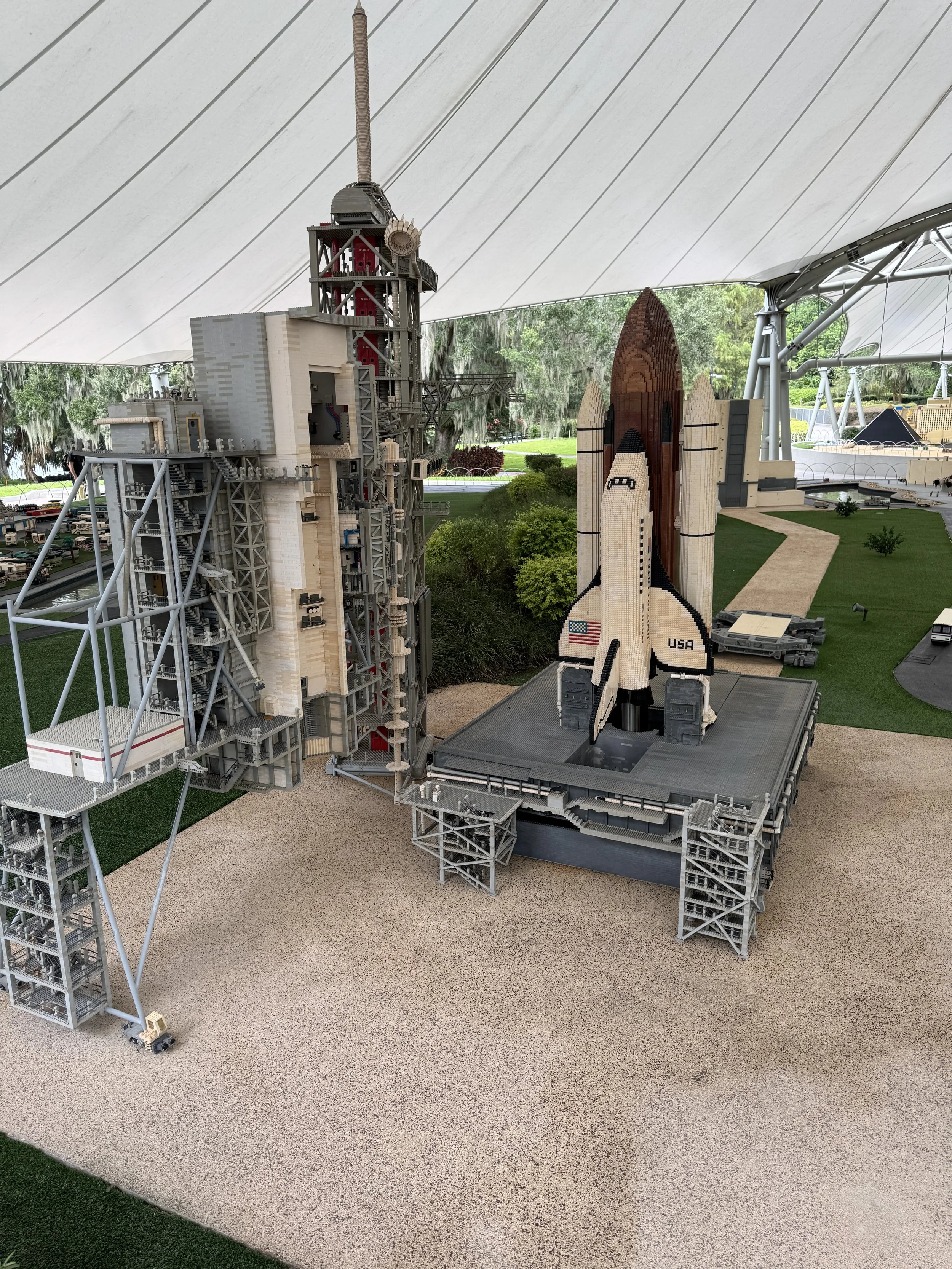 LEGO Space Shuttle launch scene with launch tower in MINILAND USA at LEGOLAND Florida.