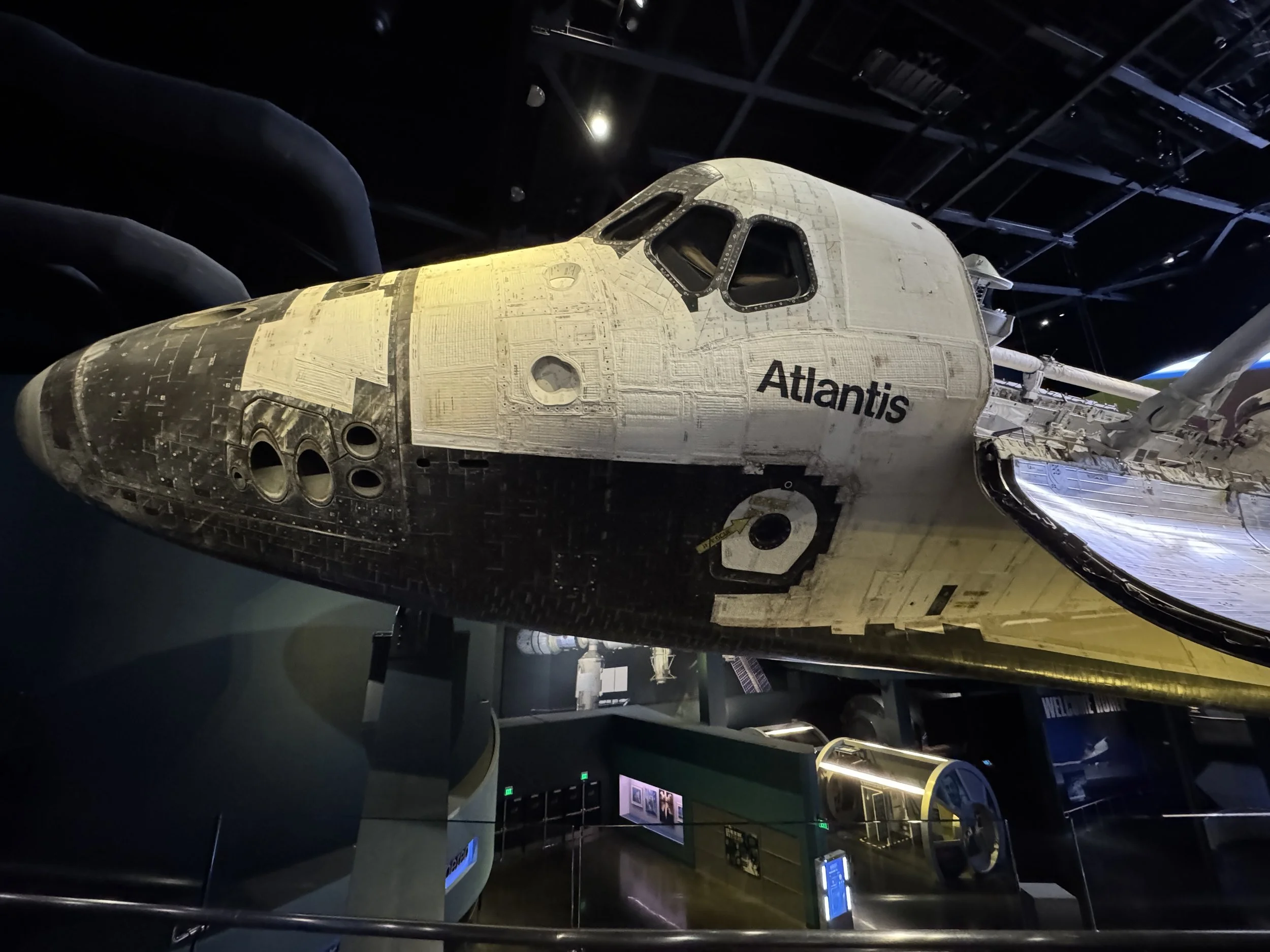 Space Shuttle Atlantis displayed inside the Space Shuttle Atlantis exhibit at Kennedy Space Center.
